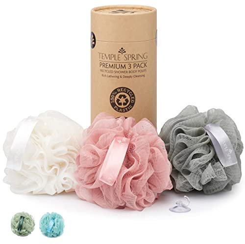 Temple Spring - Fleur de Douche Recyclées, Loofah Gommage Corps, Eponge de Douche, Eponge Douche Corps Exfoliante, Fleur de Bain, Luffa Djampe, Bath Sponge, Produit Bain Femme et Hommes - Rose Corail