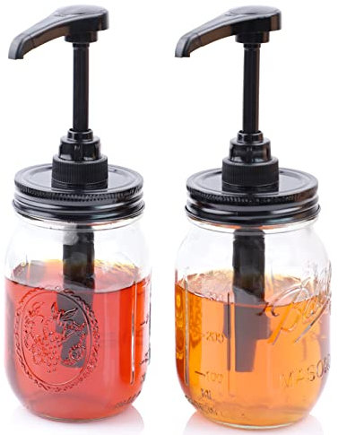 Mason Jar Sirup Honig Soßenspender Pumpdeckel mit 473 ml Glas (2 Stück) Küche Lebensmittelqualität Kaffee Sirup Spender Pumpflasche luftdicht & auslaufsicher