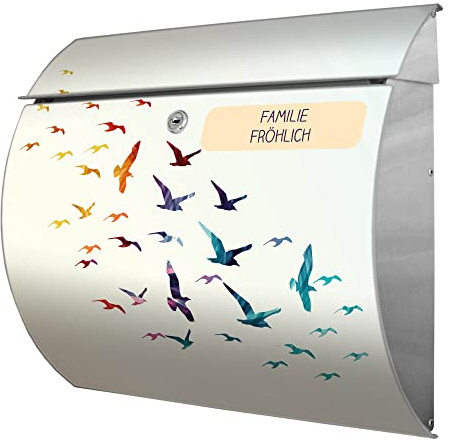 banjado® Burgwächter® Briefkasten Edelstahl mit Motiv Fliegende Vögel/Edelstahl Briefkasten mit Namen personalisierbar/Briefkasten ohne Zeitungsfach mit Kippdach & Öffnungsstopp, 2 Schlüssel