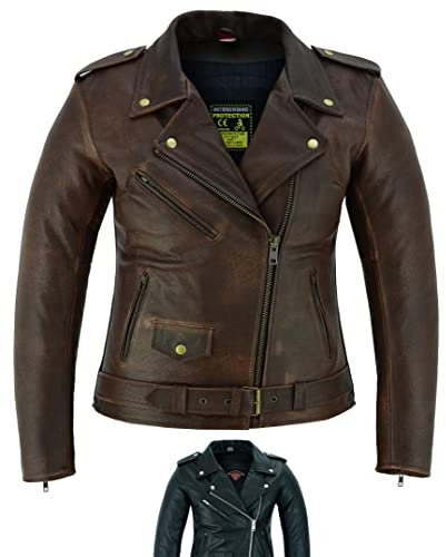 Texpeed Damen Leder Marlon Brando Rocker Retro Chopper Motorradjacke – Damen Touring Motorradjacke Mit Original Biker Rüstung (EN 1621-1) Schutz Braun - M