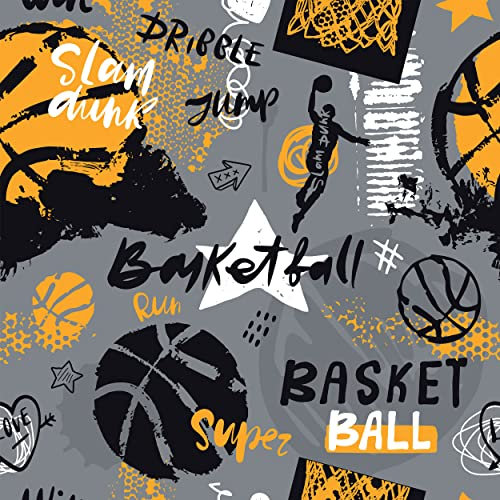 decomonkey Fototapete Kinder Kinderzimmer | Tapetenrolle 10 m Tapete Vliestapete Deko Panel Modern Design Wanddeko Wandtapete | Schwarz Basketball Jugend Orange Grau