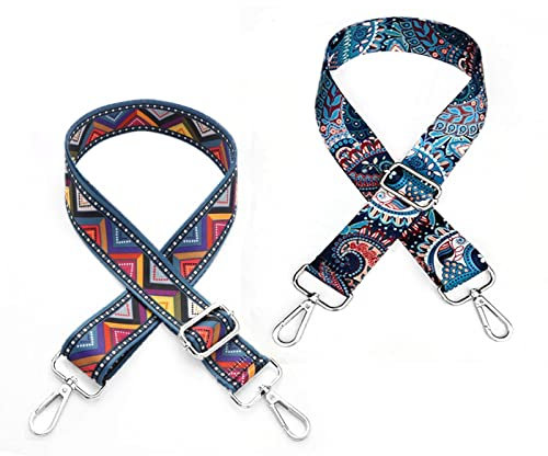 XNJIHWA 2 Stück Boho Taschengurt Verstellbarer 73.5-132cm Universeller Geflecht Schultergurt mit Silber Karabiner Breit 3,8cm für Taschen DIY Handtaschen,Ethnisch+Dreieck