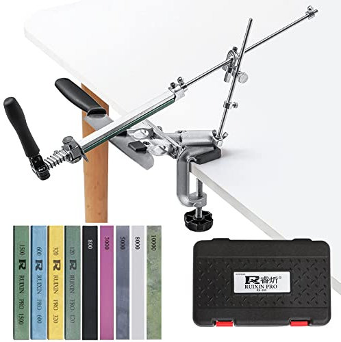 RUIXIN PRO RX-009 Professional Knife Sharpener with 9 Whetstones, 360° Rotation Flip Design Fixed-Angle Stainless Steel Kitchen Chef Knife Sharpening Kit Abrasive Holding System Tools