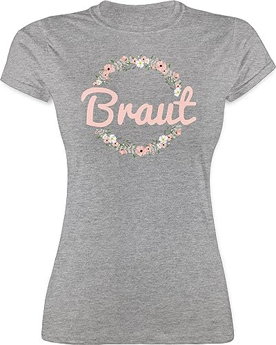 Shirt Damen - JGA Junggesellenabschied Frauen - Braut Motiv Blumenkranz - S - Grau meliert - utensilien junggesellinnenabschied t-Shirt jungesellinnenabschied Bachelorette Party bripe Tshirt