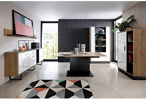 Lomadox Modernes Esszimmer Set mit Esstisch ausziehbar 160-200 cm Sideboard Anrichte Wandboard Vitrinenschrank Highboard in Catania Eiche Nb. mit schwarz und weiß Hochglanz