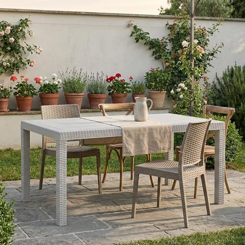 Dmora - Tisch im Freien Giove, rechteckiger Gartentisch, Mehrzweck-Gartentisch in Rattan-Optik, 100% Made in Italy, 150x90h74 cm, Weiß