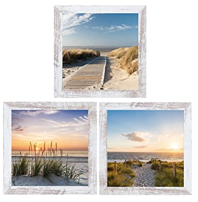 Home4You Bilder-Set 3-teilig - MDF - Mehrfarbig - 23 x 23 cm - Strand