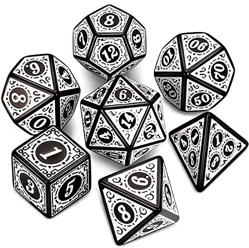 QMAY DND Dice Polyedrisches Würfel Set - 7 Stück für Dungeon und Dragons MTG RPG D&D D20, D12, D10, D%, D8, D6, D4 (Weißes Gravurmuster)