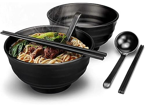 2-Sätze (6-teilig) Kunststoff japanische Ramen Suppenschüssel, 1300ml/35 Oz große Nudelschale Set für Suppe, Salat, Reis-Nudelschalen mit passenden Löffeln, Essstäbchen, Geschirrspüler sicher