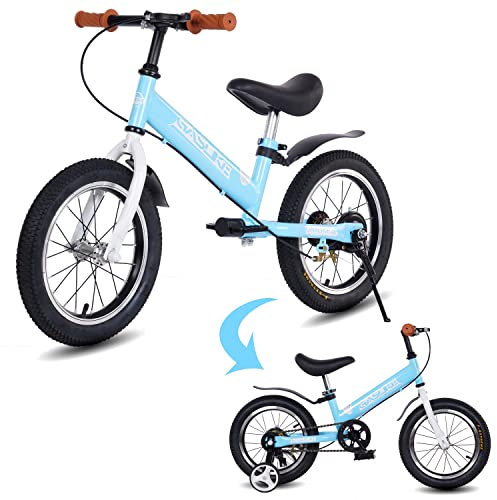 Laufrad 2 In1 Für Kinder Mit Bremse, Kinderfahrrad Mit Ständer Und Stützräder, Schutzblechen, 14 Zoll Laufräder Mit Lenker Und Sitzhöhe Sind Verstellbar, Für Jungen Mädchen, Schnelle Montage,Blau
