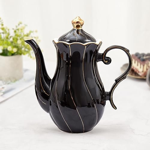 DUJUST Porzellan-Teekanne im britischen Stil (1,2 l), luxuriöse Keramik-Teekanne mit goldenem Rand, lebensmittelechte Teekanne mit integriertem Filter, schöne Teekanne für Teeparty und Heimdekoration,