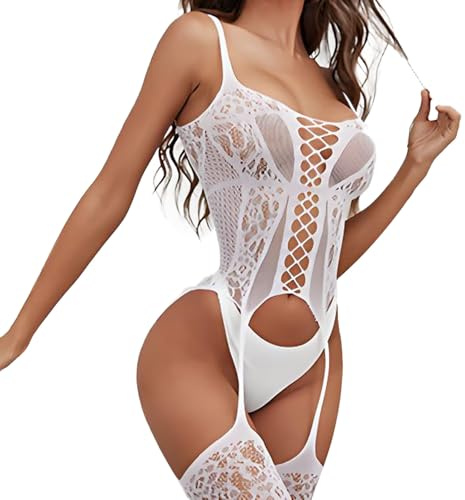 HTRUIYATY Sexig stygg kvinna heta strumpbyxor öppen nätdräkt bodystocking sexig outfit erotisk kvinna katsuit underkläder, Vitt och blått, One Size