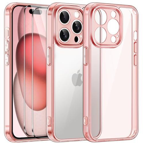 ivoler 3 in 1 Hülle für 15 Pro Max 6.7 Zoll, mit 2 Stück Schutzfolie, [Nie Vergilbung] [Militärischer Schutz] [Kameraschutz] Transparent Stoßfest Schutzhülle Kratzfest Case - Rosa