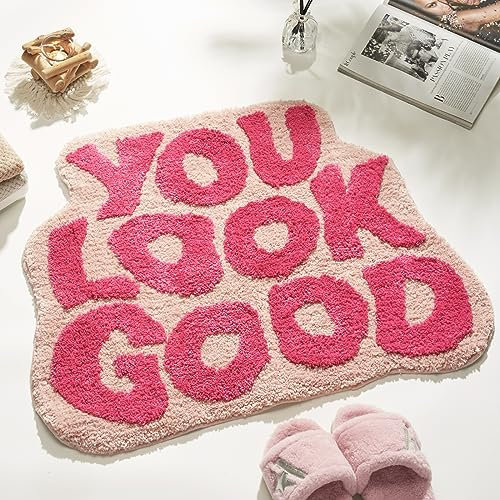DyeFury You Look Good Badematte, niedlicher Badezimmerteppich für Mädchen, lustiger, flippiger Teppich, Schlafzimmer, rosa, adrett, Badezimmer-Dekor, Hallo schön, wunderschöne Badteppiche für Kinder