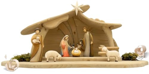Akantus Leonardo Weihnachtskrippe aus Holz: 8er Set mit Stall HL.Nacht groß (8,5 cm, bemalt)