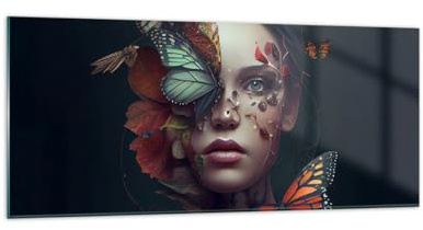 ARTTOR Bilder auf Glas 120x50cm Wandbild Glasdruck Menschen Mode - 5725 | Schmetterlinge Gesicht Frau Panorama Groß Modern Dekoration Wohnzimmer Schlafzimmer Küche Wanddeko Kunstdruck Art ARTTOR