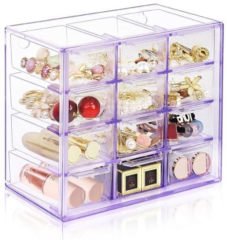 Desk Storage Organizer with 12 Mini Drawers, ToyaJeco Clear Desktop Craft Drawer Cabinet, Stackable Storage Box Caddy for Makeup Jewelry Office Craft Supplies (Purple)