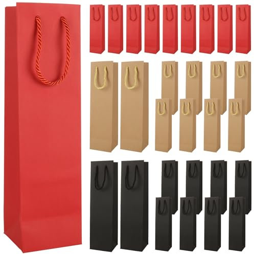 Oungy 30Pcs Bottle Gift Bag, 9 x 9.5 x 35cm Bottle bags for Wine, Single Wine Gift Bags with Handles, Reusable Wine Bottle Paper Bags for Party Wedding Birthday Festival (3 Colours)