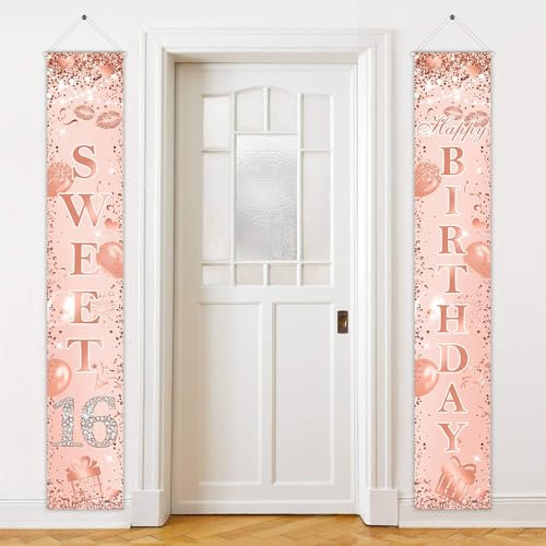 Avezano Sweet 16 Banner Pink Rose Gold Sweet 16 Happy Birthday Door Banner Sixteen Birthday Decorations for Girls