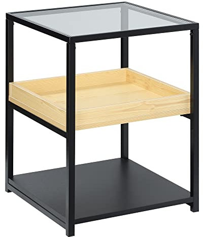 HOMCOM Industrial Side Table, 3-Tier End Table with Glass Top, Storage Shelves, Nightstand with Steel Frame for Bedroom, Living Room, Natural