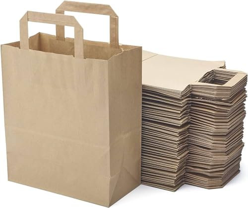 Sac Cabas Papier Kraft Recyclé | Fond Plat - Poignées Plates | Lot de 100 Sacs | Apte Contact Alimentaire | Commernces - Vente à Emporter (18 + 8 X 22 cm)