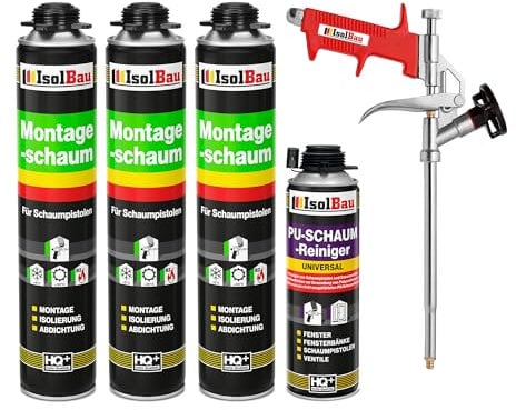 Isolbau Bauschaum-Set - Inkl. 3 x 1K Montageschaum B2 Pistolenschaum mit hervorragender Schall und Wärmedämmung (je 750 ml), 1 x PU-Schaum-Reiniger (500 ml) & 1 x Schaumpistole, Verfüllen