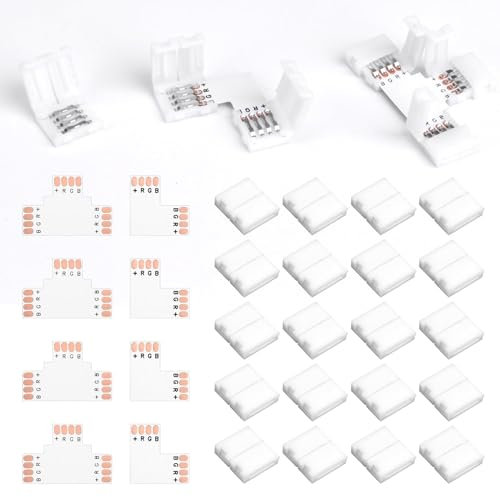 Led Strip Verbinder 4 Polig, Led Verbinder, Led Eckverbinder Für 10mm Rgb Led-Bänder, Smd5050, 4 L-Form & 4 T-Form Anschlüsse, 20 Lichtbandklemmen,Verbindungsstücke Für Zuhause, Büro, Partydekoration
