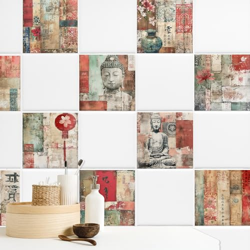 GRAZDesign Lot de 10 autocollants pour carrelage de salle de bain et cuisine - Collage zen rustique - Motif japonais - 10 x 10 cm