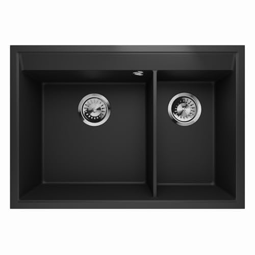 Granitspüle Doppelbecken Küchenspüle Einbauspüle Spülbecken Siphon Restbecken 2-1,5 Becken Frame 2.5 (Schwarz)