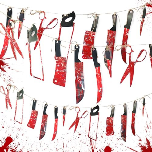 24 Blutige Girlande Banner, 2 Stück Girlande aus blutigem Werkzeug, Halloween Girlande - Gruselige Partydekoration mit Blutverschmierten Messer und Sägen, Blutige Waffen Deko für Vampir Party