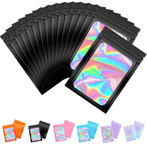 50pcs Black Smell Proof Mylar Bags 10.5x15cm, Resealable Sweet Pouches, Small Plastic Bags for Lipgloss, Jewelry, Eyelash, Food Storage, Gift Grip Foil Ziplock