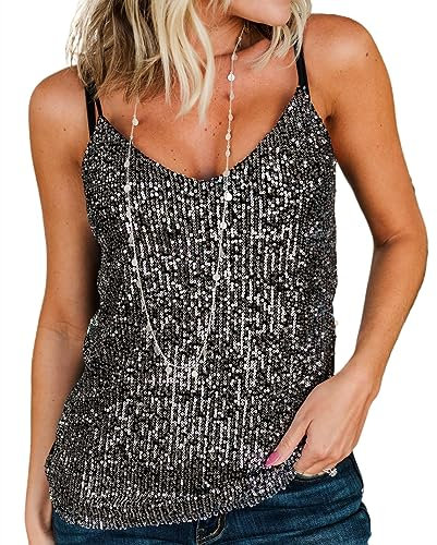 AirMood Frauen Sexy U-Ausschnitt Sparkle Shimmer Tank Westen Pailletten Tops Disco Pailletten Tank Schwarz, Silber, L