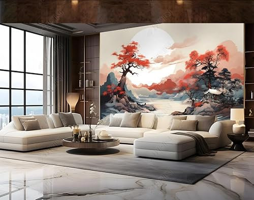 Fototapete 3d effekt tapete Mondschein, Pflaumenblütenhügel und Wasser Vlies Tapeten Wandtapete Wohnzimmer Schlafzimmer Wand Dekoration Moderne 200CM(B)*140CM(H)