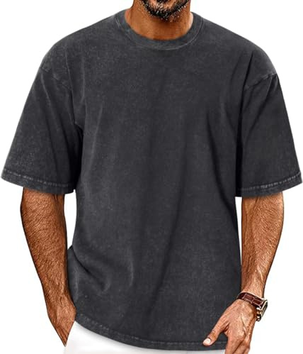 Oversized Tshirts for Men Short Sleeve Vintage Washed Basic Loose Tees, Solid Black, L