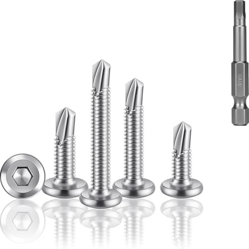 HXJDAM Lot de 70 vis autotaraudeuses à tête plate en acier inoxydable 410, vis auto-taraudeuses, M5,5 x 16 mm, argentées, avec foret à six pans creux