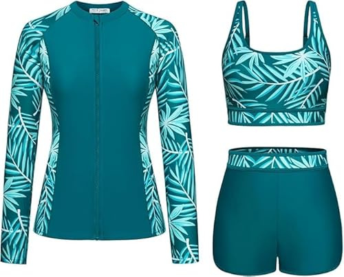Kate Kasin Damen Langarm Bademode mit Reißverschluss Rundhals Slim Fit Strandshirts Frühling Sommer Sonnenschutz mit BH Badeanzüge Blaugrün-grünes Blatt XXL