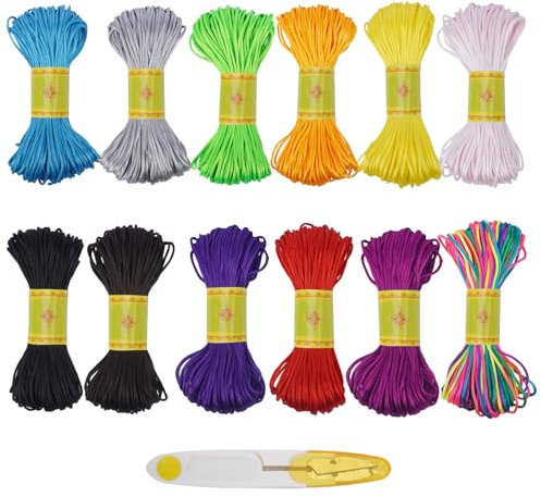 FOGAWA 12 Rouleaux Fil Nylon pour Bracelet et Bijoux 1.5mm * 20m Corde à Queue de Rat en Satin Cordon en Soie à Bordure en Nylon Fil pour Bracelet d'amié Collier Fabrication de Bijoux