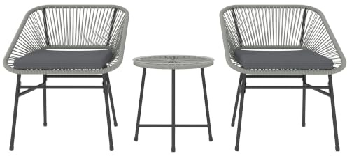Outsunny 3 Pieces Rattan Bistro Set with Cushions Outdoor Patio Light Grey | Wicker Small Garden Table and Chairs Set, Glass Top Coffee Table, Bistro Garden Furniture, Balcony