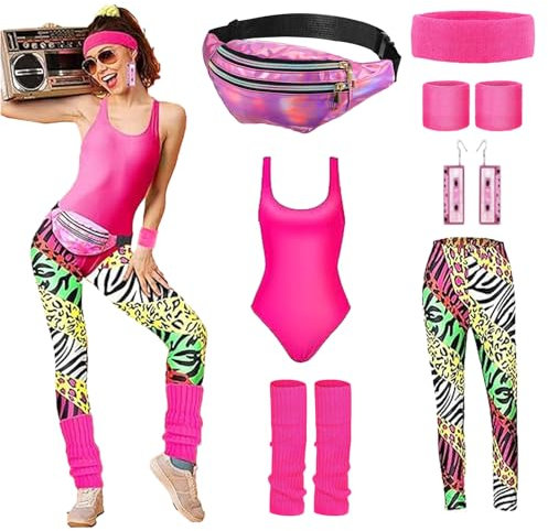 80er Jahre Outfit Damen Accessoires 90er Jahre Workout Kostüm 80er Retro Neon Bademode Kostüm mit Top, Leggings Bauchtasche,Stirnband, Beinwärmer für Karneval Neon Mottoparty (Rosa, M)