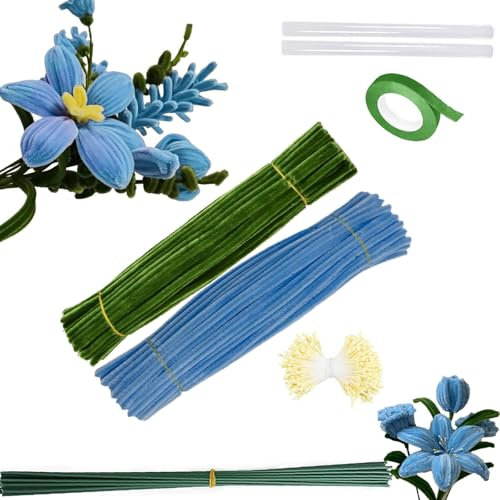 Barlone 200 Stück Lilie Pfeifenreiniger Blumen, DIY Pipe Cleaner, 2 Farben Pfeifenputzer Zum Basteln, mit 13 Stück Grün Basteldraht, Klebeband, Pfeifenreiniger Blumen Staubblatt, Klebestifte(Blau)