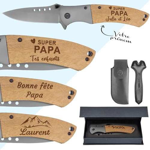 Couteau pliant personnalisé - Gravez votre prénom - Couteau de sécurité personnalisable - Manche en bois gravé - Cadeau homme, fête des pères, papa, papy, anniversaire ou noël (Fête des pères)