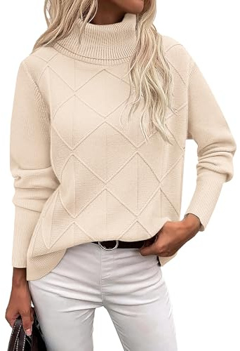 Zeagoo Turtleneck Jumpers for Women UK Long Sleeve Sweaters Roll Neck Pullover Casual Lightweight Sweatshirts Chunky Knitted Jumper Tops Fall Winter Beige S