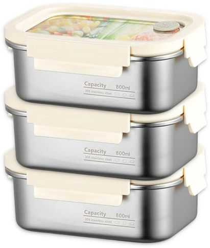 3 Stück Edelstahl Frischhaltedosen mit Deckel, Brotdose Edelstahl, Vorratsdose Lebensmittelbehälter, Wiederverwendbar Gefrierdosen Bento Lunchbox aus Metall für Käse Obst Salate Süßigkeiten Marmeladen