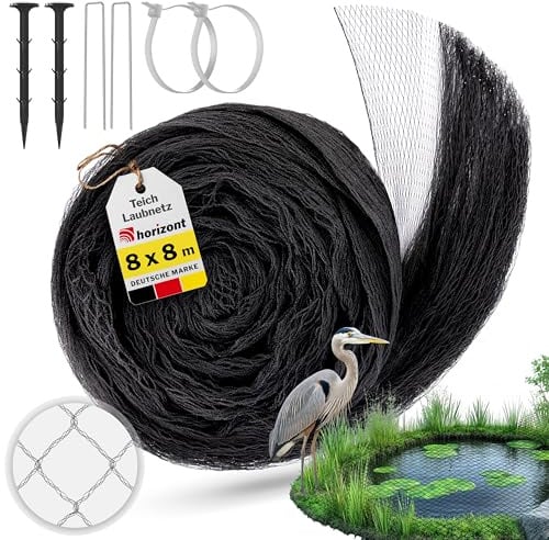 horizont Teichnetz feinmaschig 8x8 m, schwarz, 18x18 mm | reißfest, witterungsbeständig, Vogelschutznetz engmaschig, Taubennetz Balkon, Obstbaumnetz