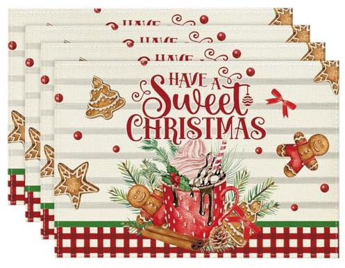 Pqahffowr 4PCS Xmas Trees Snow Pink Christmas Placemats Winter Table Mats for Kitchen Dining Decoration K