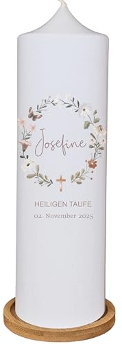 Taufkerze, Kommunionkerze - Josefine- für Mädchen und Jungen, mit Blumenkranz Natur Kreuz Herz, Wildblumen, personalisiert mit Name und Datum