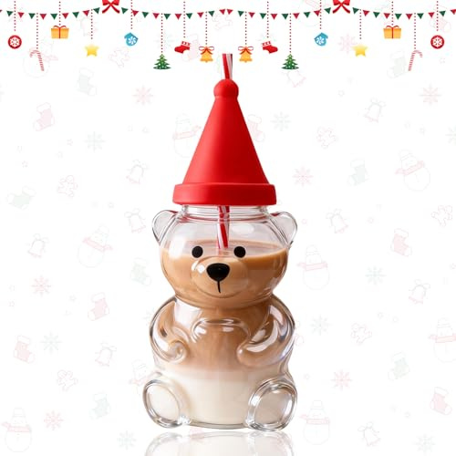 Talleros Bärenbecher, Bären Trinkbecher mit Deckel und Strohhalm, Bären Glasbecher für Tee, Kaffee und Saft, niedlicher Glas Trinkbecher, Gläser für Espresso, Latte, Milchtee, Saft (A)