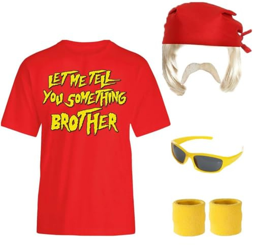 Erwachsenenkostüm 1980er Jahre Wrestler - Rotes Bandana, blonde Perücke, rotes T-Shirt mit Slogan Print, Sonnenbrille, blonder Schnurrbart & Schweißbänder, Retro Wrestling Outfit für Party & Halloween