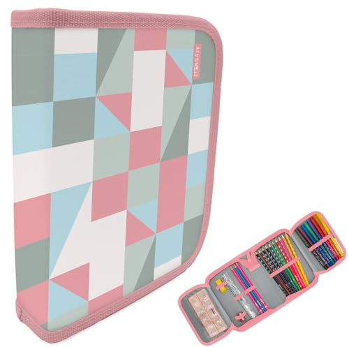 itenga Schüler-Etui 28 teilig gefüllt 1-Zipper Federmäppchen für Jungen und Mädchen (Muster Pastell)
