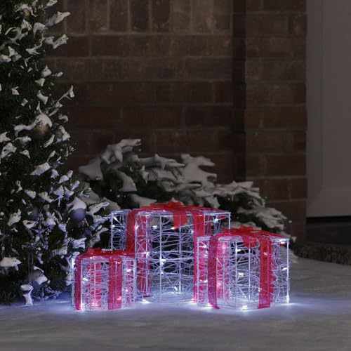 sephironlbb Geschenkbox Acryl mit 60 LEDs Kaltweiß, 20 x 20 x 20 cm, 3er Set Weihnachtsbaumschmuck Ornament für Innen und Außen, festliche Dekoration für Wohnzimmer, Advent und Heiligabend